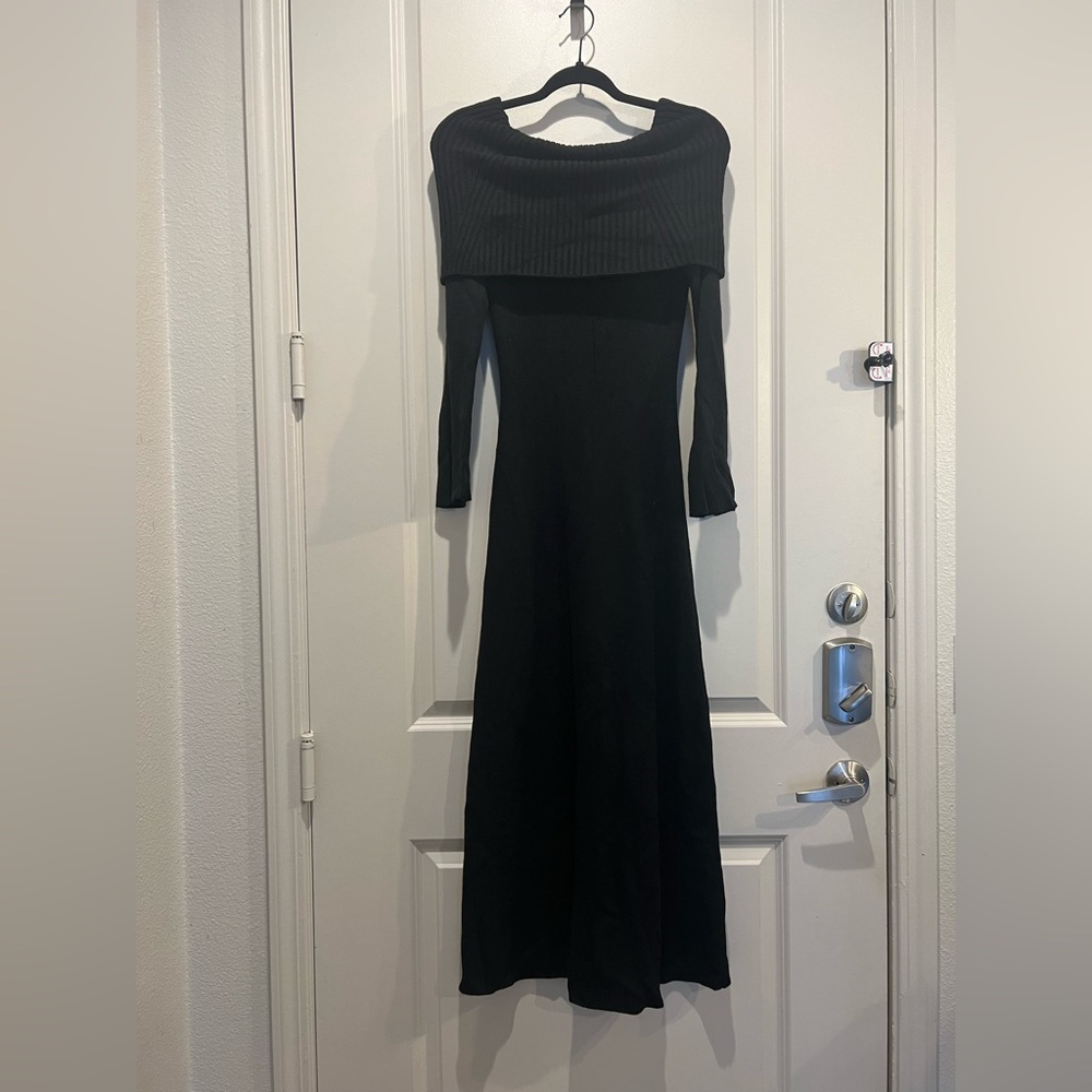 Maje Black Off Shoulder Rib Knit Maxi Dress Size 8 NWT Fitted Flare - Picture 2 of 9